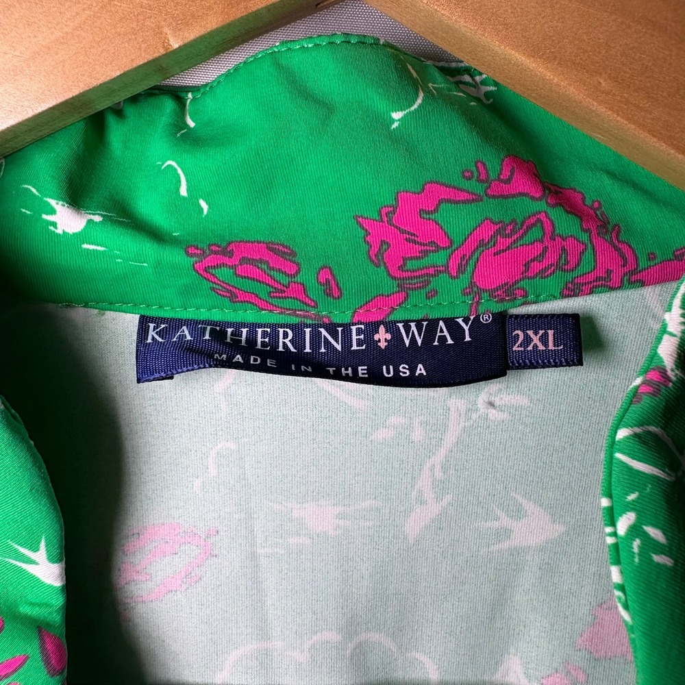 Katherine Way Green Chinoiserie Golf Tunic Top Womens 2XL Pink Floral Pagoda USA - Picture 5 of 7